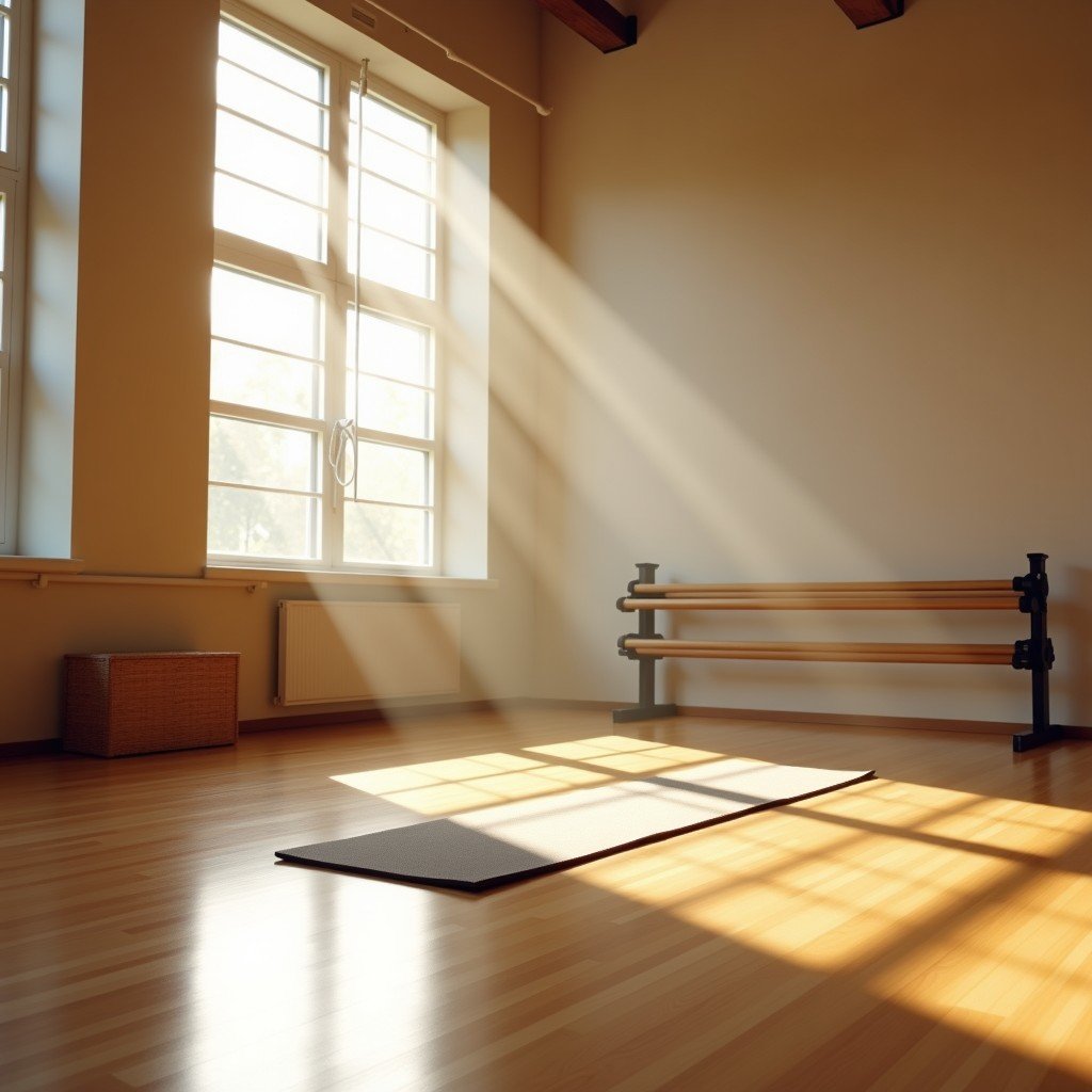 A well-lit room with a large window, wooden floor, and a bench, evoking a sense of serenity and tranquility.