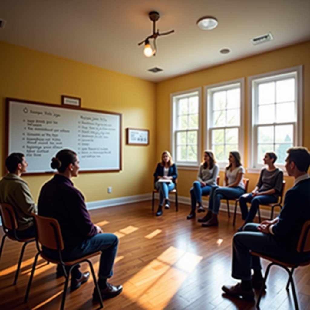 A group of people seated in a circle, engaged in a discussion or meeting in a room with yellow walls and large windows.